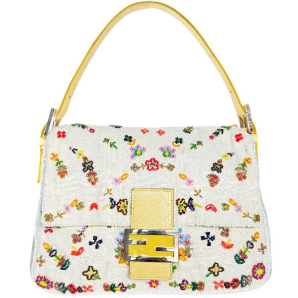 Vintage Fendi Flower Beaded Linen Mamma Shoulder Baguette Bag in Cream / Yellow with Exotic Leather Detailing | NITRYL