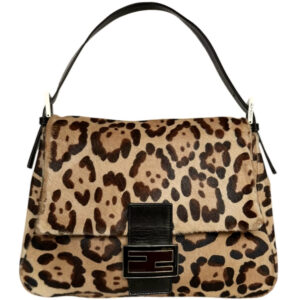 Vintage Fendi Leopard Print Calfskin Mamma Shoulder Baguette Bag in Brown / Black | NITRYL