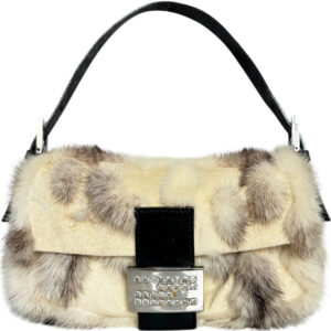 Vintage Fendi Fur Crystal Clasp Shoulder Baguette Bag in Cream / White / Black / Silver | NITRYL