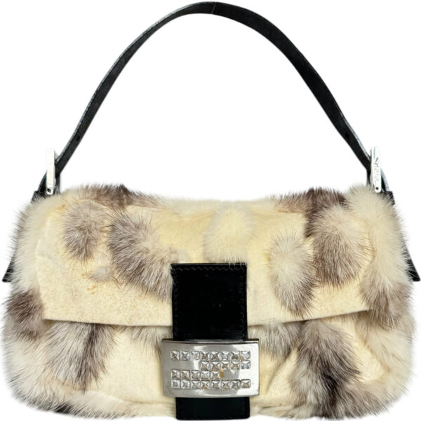 Vintage Fendi Fur Crystal Clasp Shoulder Baguette Bag in Cream / White / Black / Silver | NITRYL