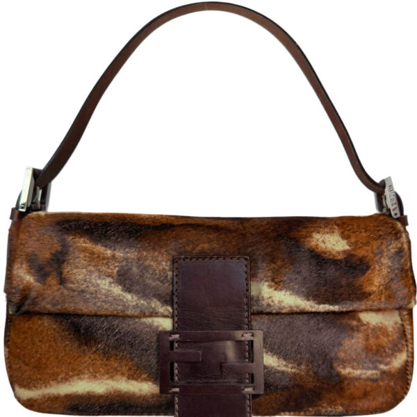 Vintage Fendi Mottled Calfskin Shoulder Baguette Bag in Brown / Tan / Silver | NITRYL