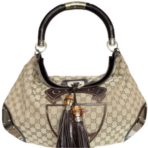 Vintage Gucci Monogram Indy Tassel Hobo Shoulder Bag in Beige / Brown / Gold | NITRYL