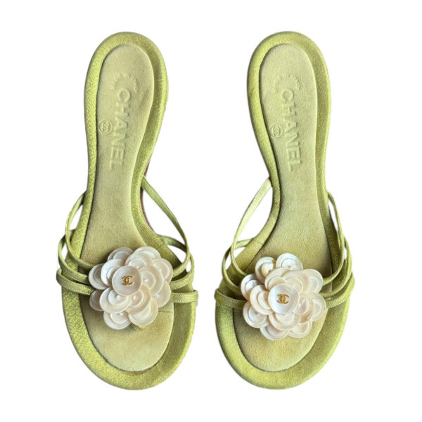 Vintage Chanel Mother of Pearl Camellia Logo Sandals in Green / Cream / Gold UK 4 | NITRYL