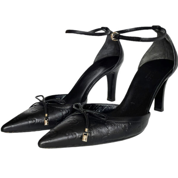 Vintage Gucci Monogram Leather Bow Heels in Black / Gold UK 4 | NITRYL