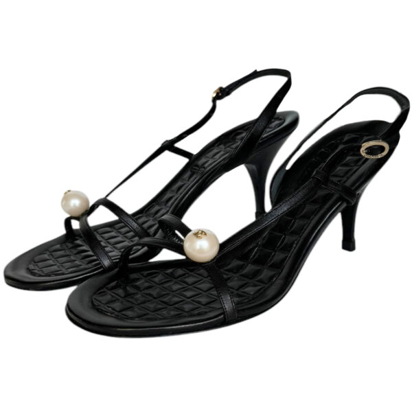 Vintage Chanel Pearl Logo Slingback Heels in Black / Gold UK 3.5 | NITRYL