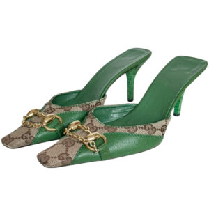 Vintage Gucci Monogram Horsebit Mule Heels in Beige / Green / Gold UK 3 | NITRYL