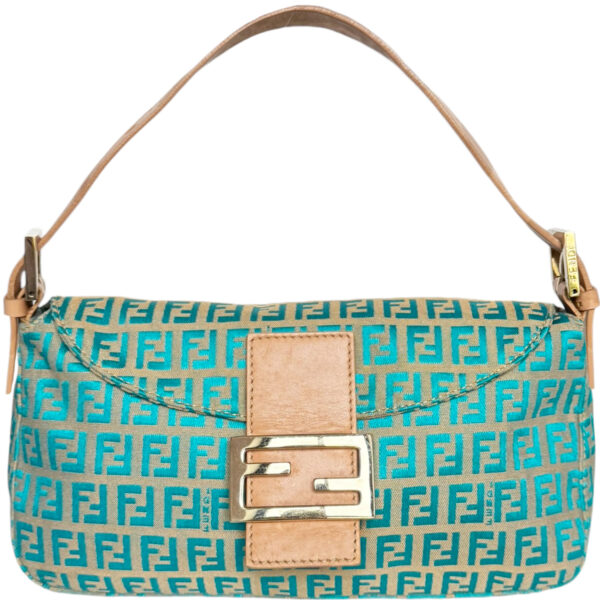 Vintage Fendi Monogram Shoulder Baguette Bag in Beige / Aqua Blue / Tan / Gold | NITRYL