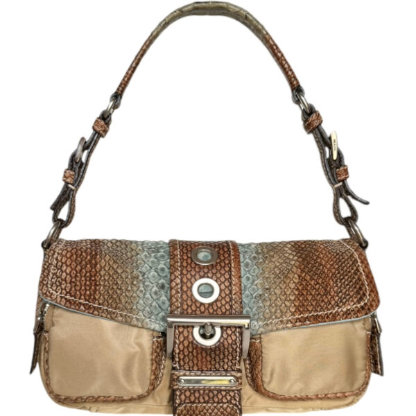 Vintage Prada Exotic Python Nylon Buckle Shoulder Bag in Beige / Brown / Baby Blue | NITRYL