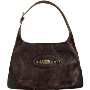 Vintage Gucci Monogram Leather Hobo Shoulder Bag in Dark Brown / Gold | NITRYL