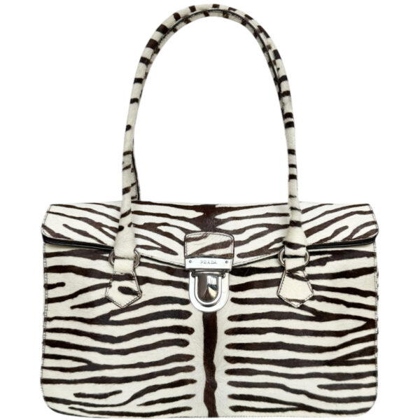 Prada Zebra Print Calfskin Shoulder Bag in White / Brown / Silver - Image 2