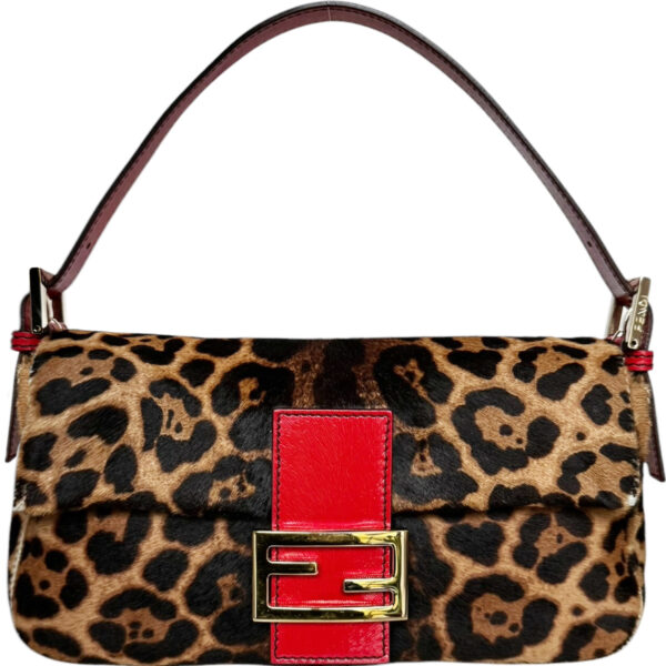 Vintage Fendi Leopard Print Calfskin Shoulder Baguette Bag in Brown / Red / Gold | NITRYL