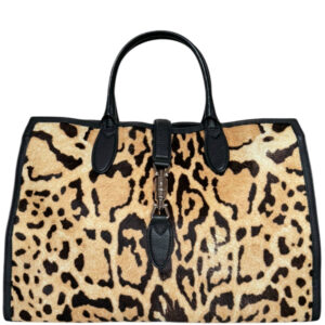 Vintage Gucci Leopard Print Calfskin Large Jackie Tote Shoulder Bag in Beige / Black / Gold | NITRYL