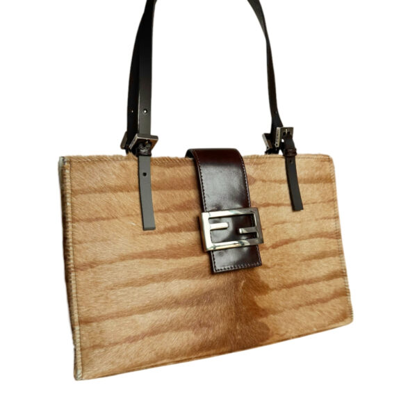 Fendi Striped Calfskin Shoulder Bag in Tan / Brown / Silver - Image 2