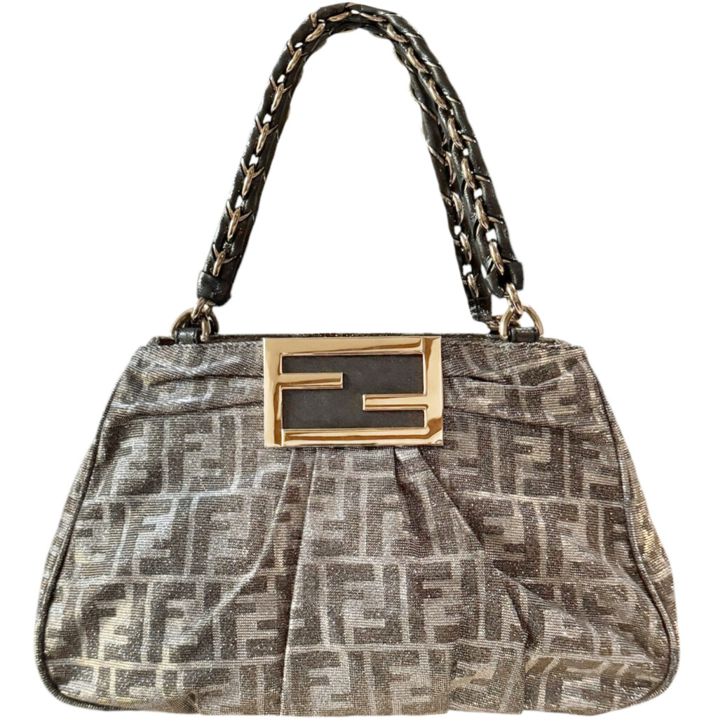 Fendi Brown Leather w/ Gold Metallic Swirls Flap Bag