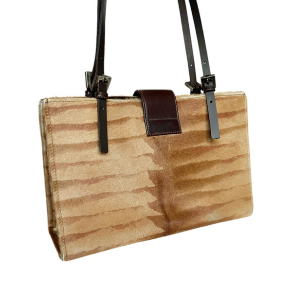 Fendi Striped Calfskin Shoulder Bag in Tan / Brown / Silver - Image 3