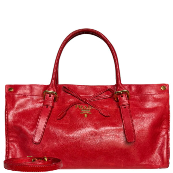 Vintage Prada Leather Bow 2 - Way Shoulder Bag in Red / Gold | NITRYL