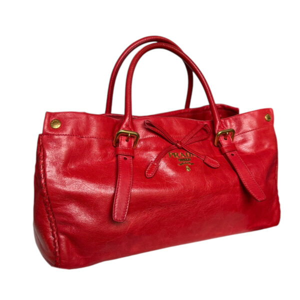 Prada Leather Bow 2-Way Shoulder Bag in Red / Gold - Image 2