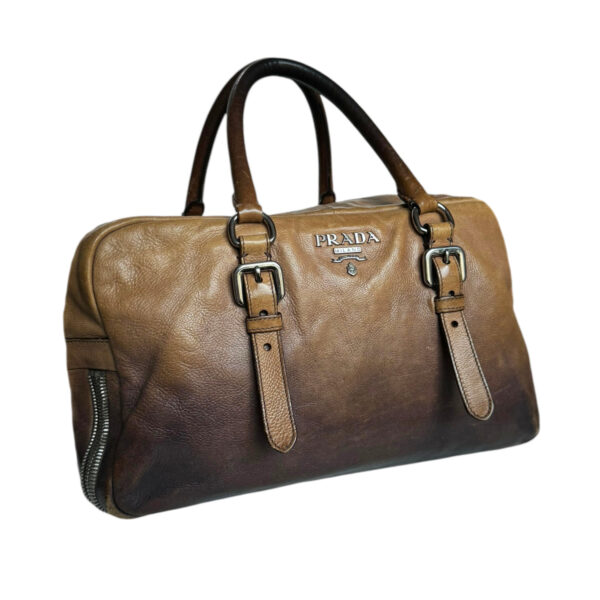 Prada Ombre Zip Detailing Leather Boston Bag in Brown / Gold - Image 2