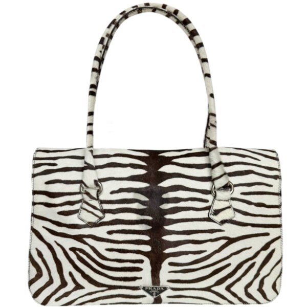 Vintage Prada Zebra Print Calfskin Shoulder Bag in White / Brown / Silver | NITRYL