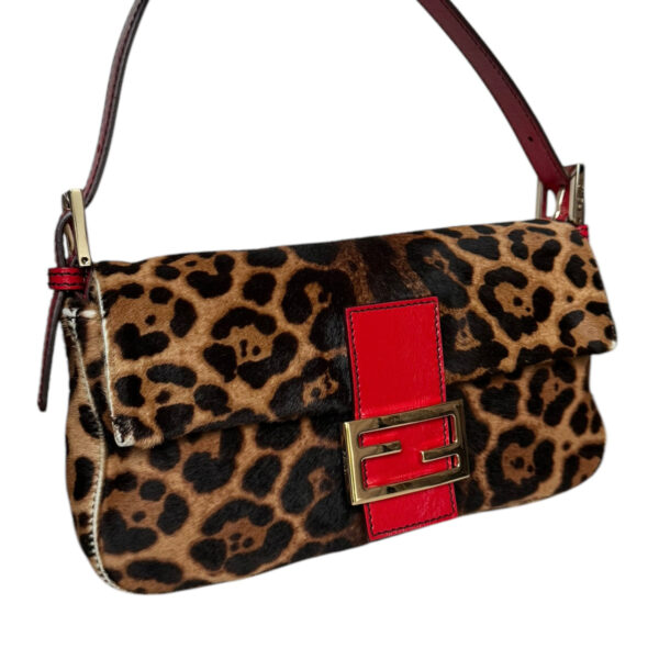 Fendi Leopard Print Calfskin Shoulder Baguette Bag in Brown / Red / Gold - Image 2