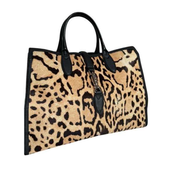 Gucci Leopard Print Calfskin Large Jackie Tote Shoulder Bag in Beige / Black / Gold - Image 2