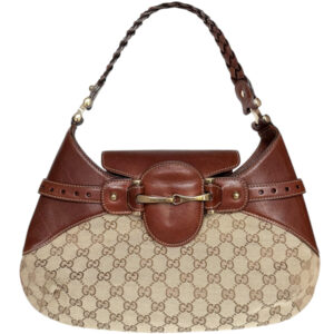 Vintage Gucci Monogram Horsebit Shoulder Bag in Beige / Tan Brown / Gold | NITRYL