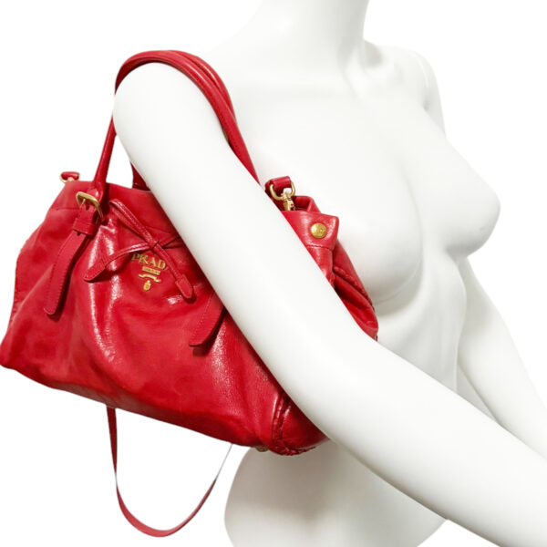 Prada Leather Bow 2-Way Shoulder Bag in Red / Gold - Image 9