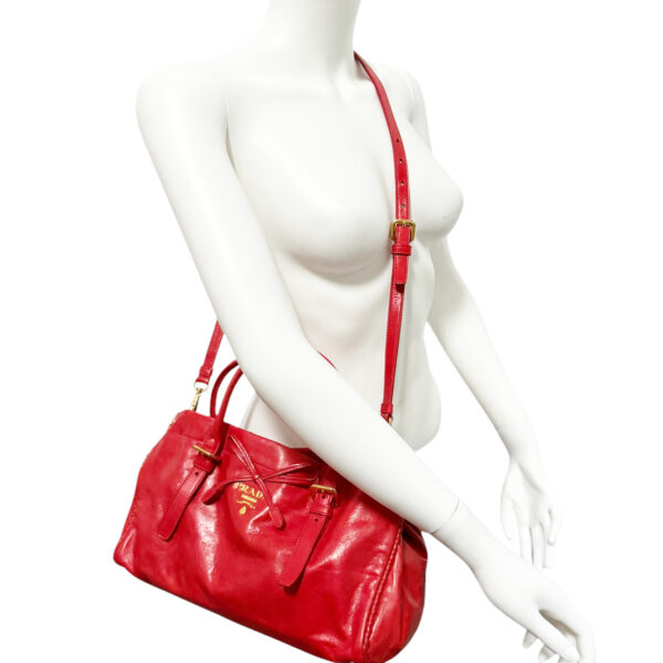 Prada Leather Bow 2-Way Shoulder Bag in Red / Gold - Image 10