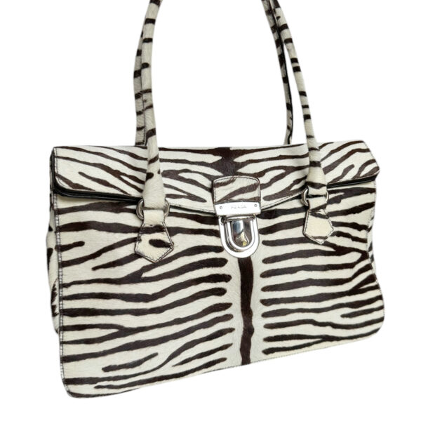 Prada Zebra Print Calfskin Shoulder Bag in White / Brown / Silver - Image 3