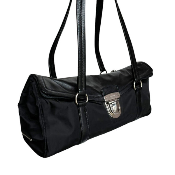 Prada Leather Nylon Buckle Shoulder Bag in Black / Silver - Image 2