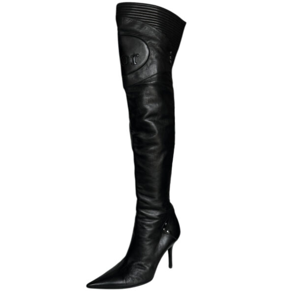 Vintage Dior Logo Over the Knee Biker Heeled Boots in Black UK 6 | NITRYL