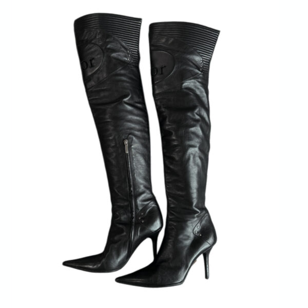 Dior Logo Over the Knee Biker Moto Leather Heeled Boots in Black UK 6 - Image 2