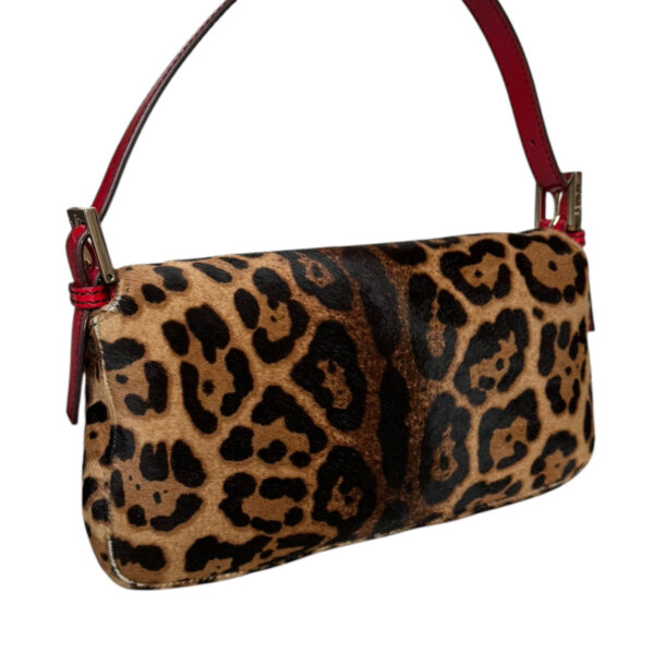 Fendi Leopard Print Calfskin Shoulder Baguette Bag in Brown / Red / Gold - Image 4