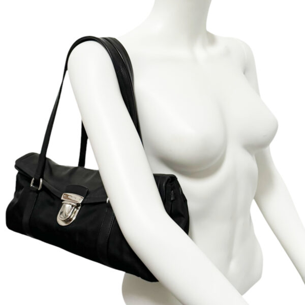 Prada Leather Nylon Buckle Shoulder Bag in Black / Silver - Image 8