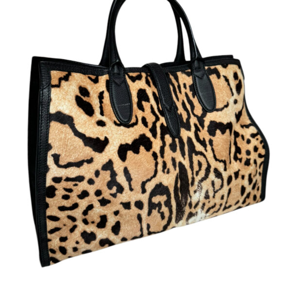 Gucci Leopard Print Calfskin Large Jackie Tote Shoulder Bag in Beige / Black / Gold - Image 5