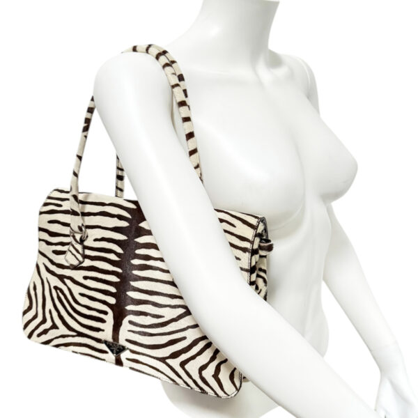 Prada Zebra Print Calfskin Shoulder Bag in White / Brown / Silver - Image 9