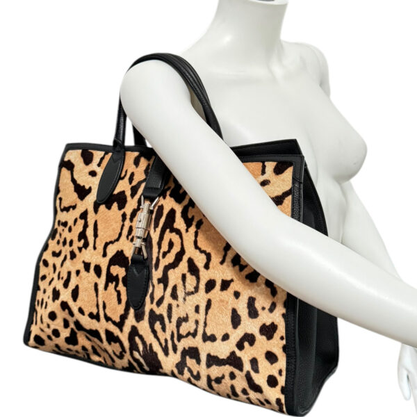 Gucci Leopard Print Calfskin Large Jackie Tote Shoulder Bag in Beige / Black / Gold - Image 9