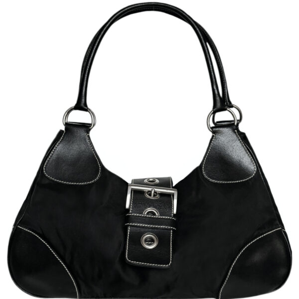 Vintage Prada Nylon Buckle Half Moon Hobo Shoulder Bag in Black / Silver | NITRYL