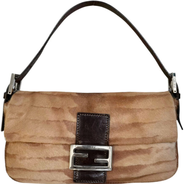 Vintage Fendi Striped Calfskin Shoulder Baguette Bag in Tan / Brown / Silver | NITRYL