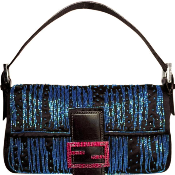 Vintage Fendi Satin Beaded Shoulder Baguette Bag in Brown / Blue with Exotic Leather Detailing | NITRYL