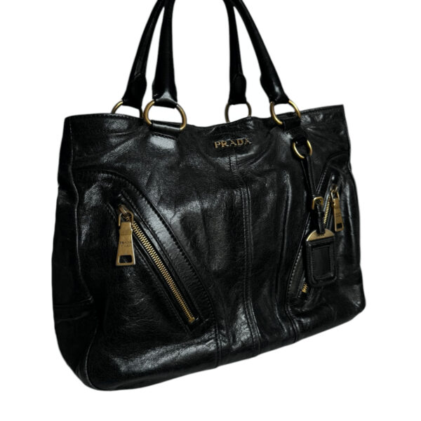 Prada Zippy Leather Hobo Shoulder Bag in Black / Gold - Image 2