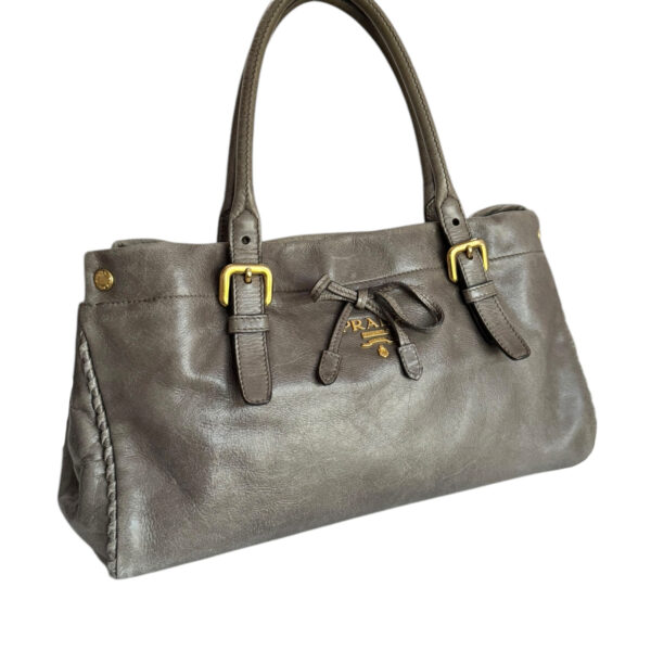 Prada Leather Bow 2-Way Shoulder Bag in Taupe Brown - Grey / Gold - Image 2