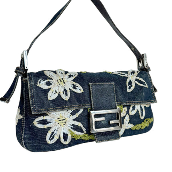 Fendi Daisy Flower Denim Shoulder Baguette Bag in Blue / Silver - Image 2