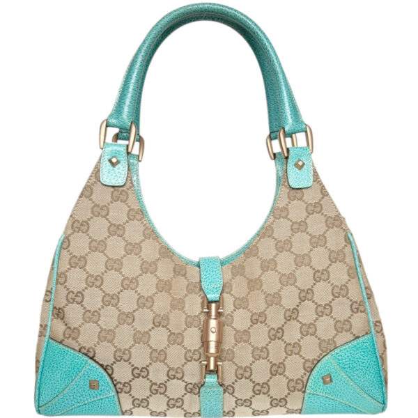 Vintage Gucci Monogram Jackie Shoulder Bag in Beige / Aqua Blue / Gold | NITRYL