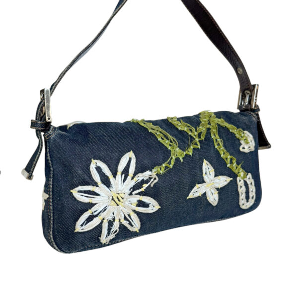 Fendi Daisy Flower Denim Shoulder Baguette Bag in Blue / Silver - Image 4