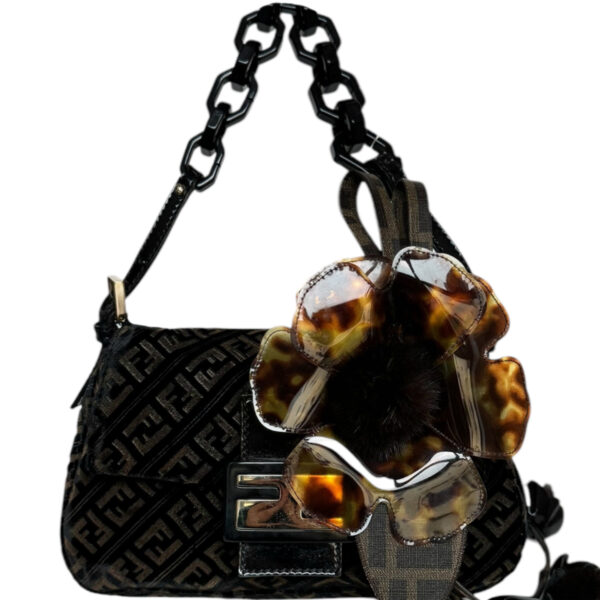 Vintage Fendi Monogram Velvet Flower & Fur Detailed Mini Mamma Shoulder Baguette Bag in Black / Brown / Gold | NITRYL