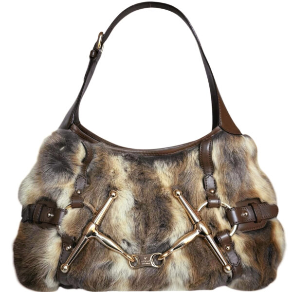 Vintage Gucci 85th Anniversary Rabbit Fur Horsebit Shoulder Bag in Brown / Grey / Gold | NITRYL