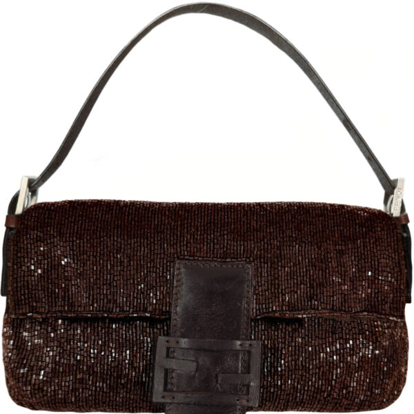 Vintage Fendi Beaded Embellished Shoulder Baguette Bag in Brown / Silver | NITRYL