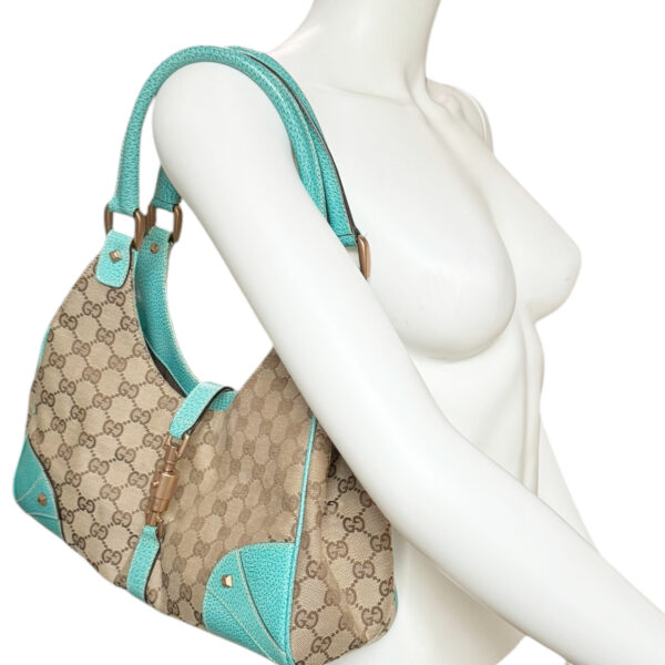 Gucci Monogram Jackie Shoulder Bag in Beige / Aqua Blue / Gold - Image 8