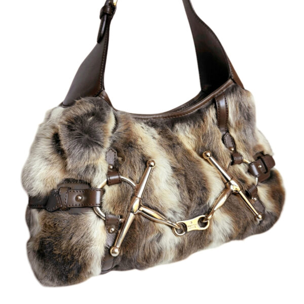 Gucci '85th Anniversary' Rabbit Fur Horsebit Shoulder Bag in Brown / Grey / Gold - Image 2